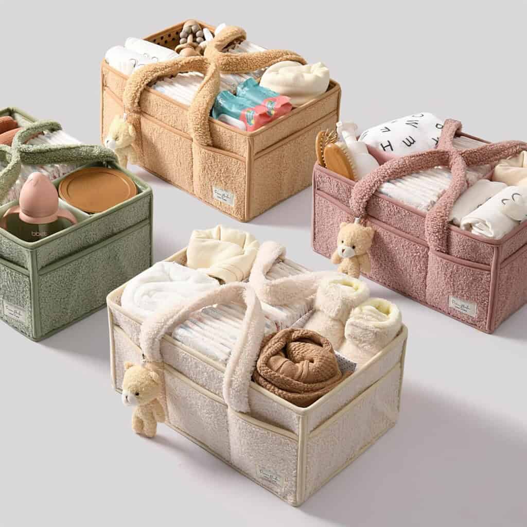 Group baby shower gifts including strollers, cribs, and high chairs for multiple contributors